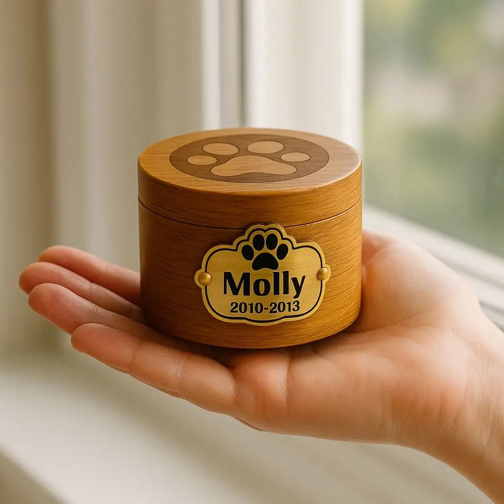 Malá drevená urna pre miláčika s gravírovaným odtlačkom labky a zlatou menovkou s nápisom „Molly 2010–2013“, ktorú niekto jemne drží v ruke.
