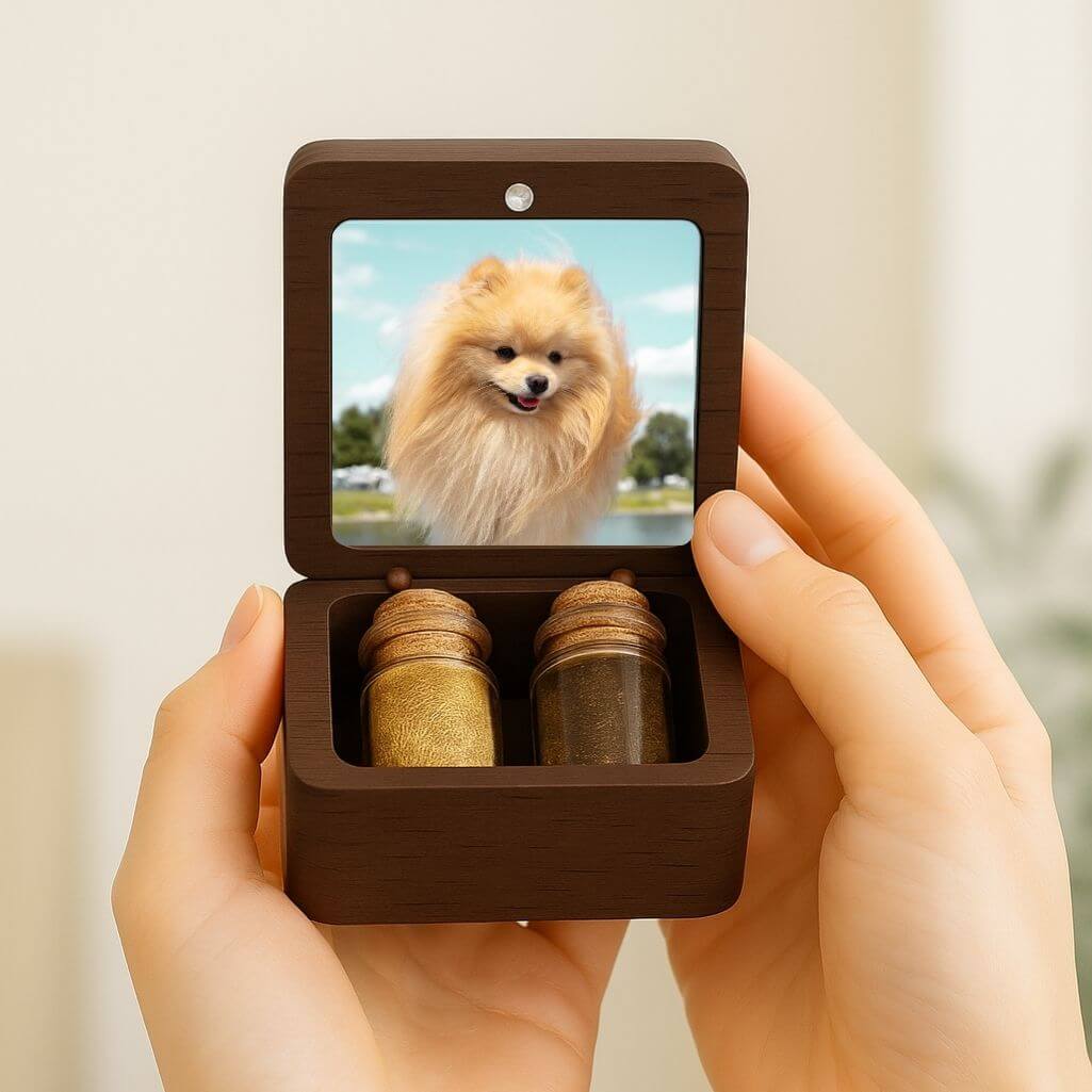 Personalised Wooden Dog Memorial Keepsake Box with 2 Glass Vials for Ashes & Fur Storage - Persnalised with Photo, Name & Dates