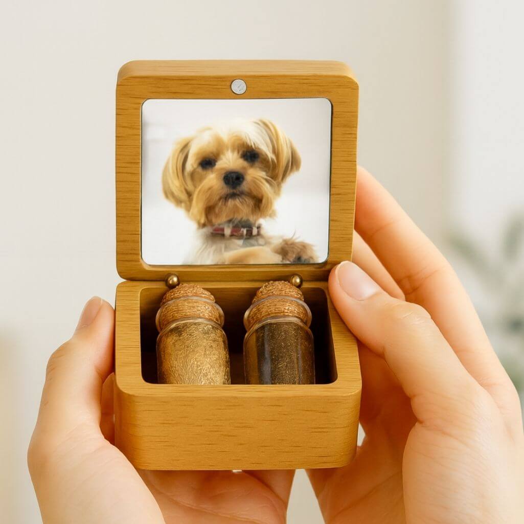 Personalised Wooden Dog Memorial Keepsake Box with 2 Glass Vials for Ashes & Fur Storage - Persnalised with Photo, Name & Dates
