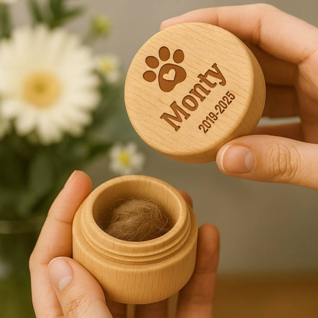 Round Wooden Dog Memorial Keepsake for Ashes or Fur Storage - Engraved with Name, Dates & Paw Print Design