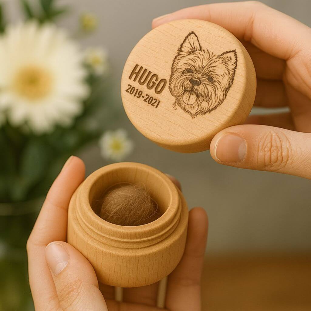 Picture-to-drawing Round Wooden Dog Memorial Keepsake for Ashes or Fur Storage - Engraved with Name & Dates
