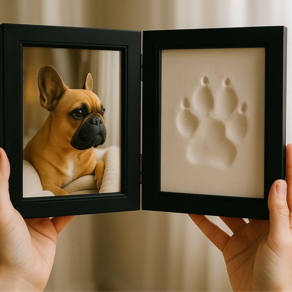 Folding Paw Print Clay & Photo Frame Kit – Wooden Dog Memorial Picture Frame for Indoor Display