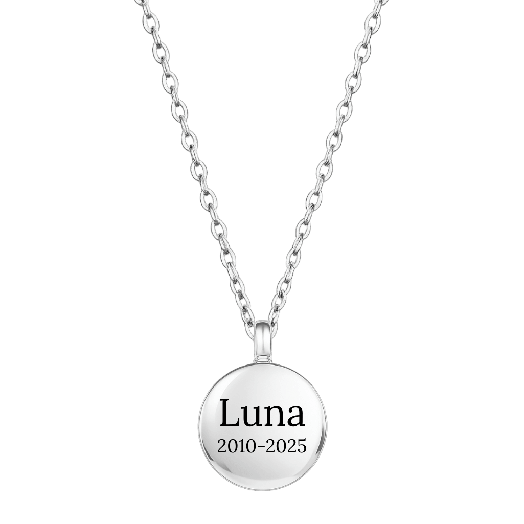 Personalised Dog Memorial Round Urn Necklace – Engraved Pet Ashes Keepsake with Name & Dates