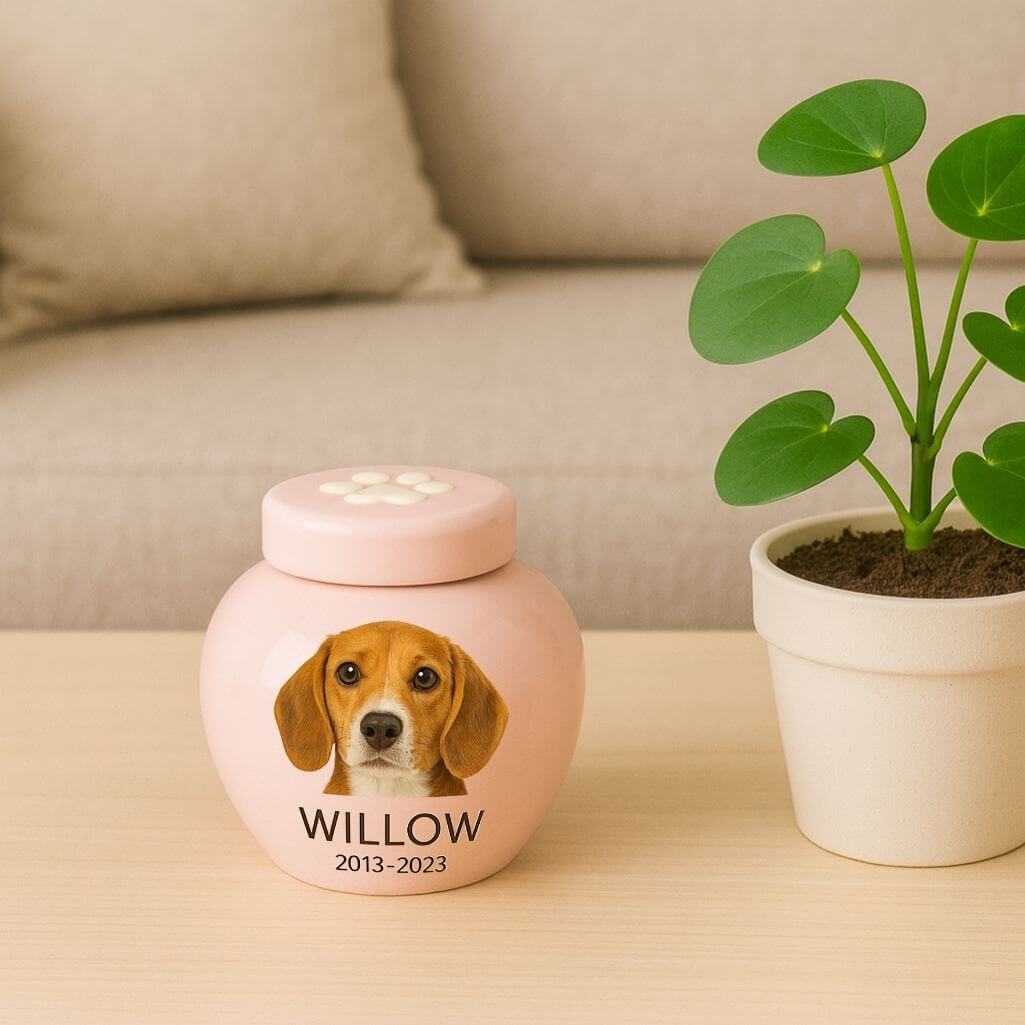 Custom Ceramic Dog Urn with Photo – Personalised Pet Cremation Urn for Ashes with Name & Dates