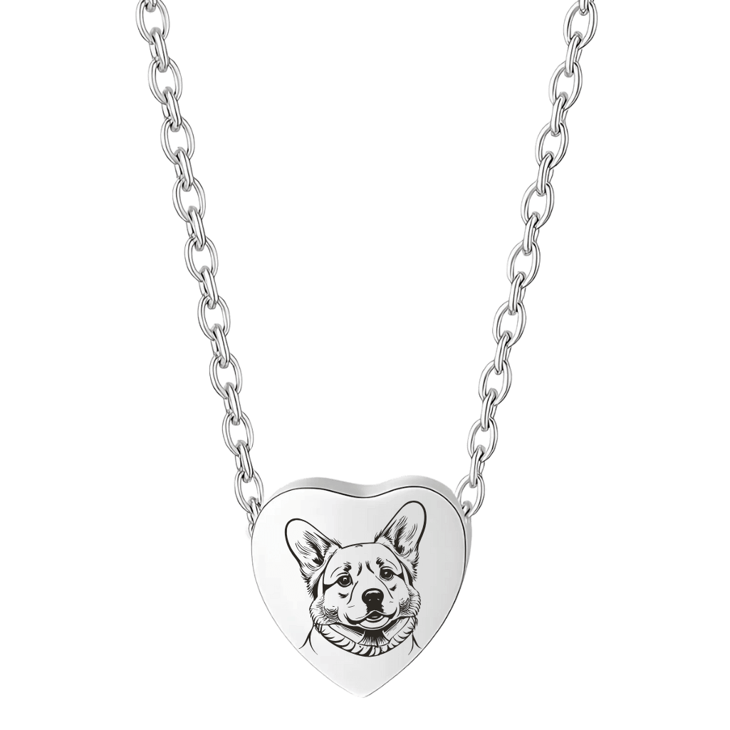 Personalised Dog Memorial Heart Urn Necklace with Slide-Through Chain – Engraved Pet Picture-to-drawing Ashes Keepsake