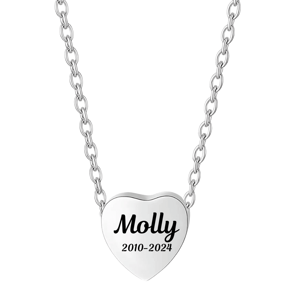 Personalised Dog Memorial Heart Urn Necklace with Slide-Through Chain – Engraved Pet Ashes Keepsake with Name & Dates