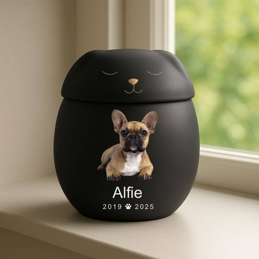Personalised Ceramic Dog Urn with Sleeping Pet Lid – Pet Cremation Urn for Ashes with Dog's Photo, Name & Dates