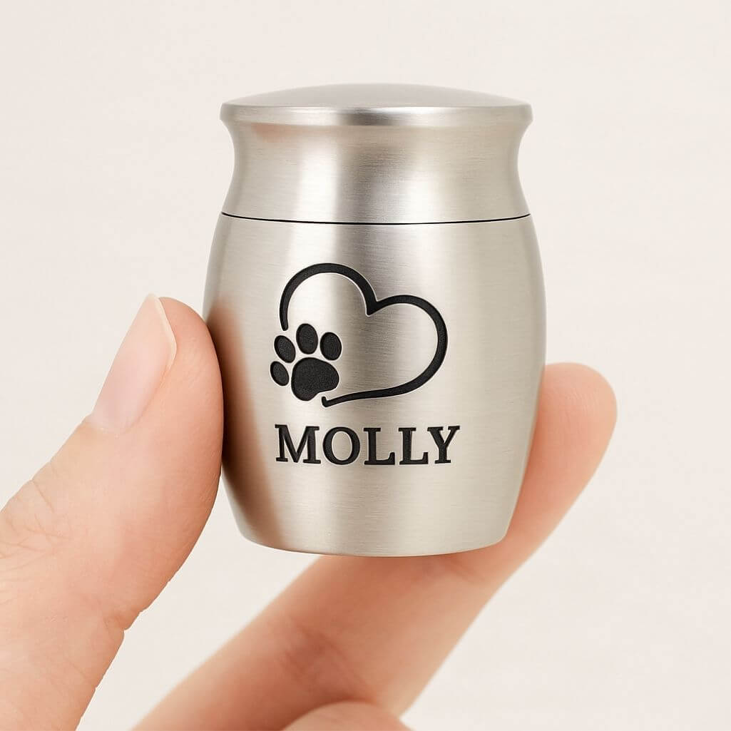 Personalised Dog Urn with Engraved Photo Drawing on the lid – Mini Keepsake Urn with Name