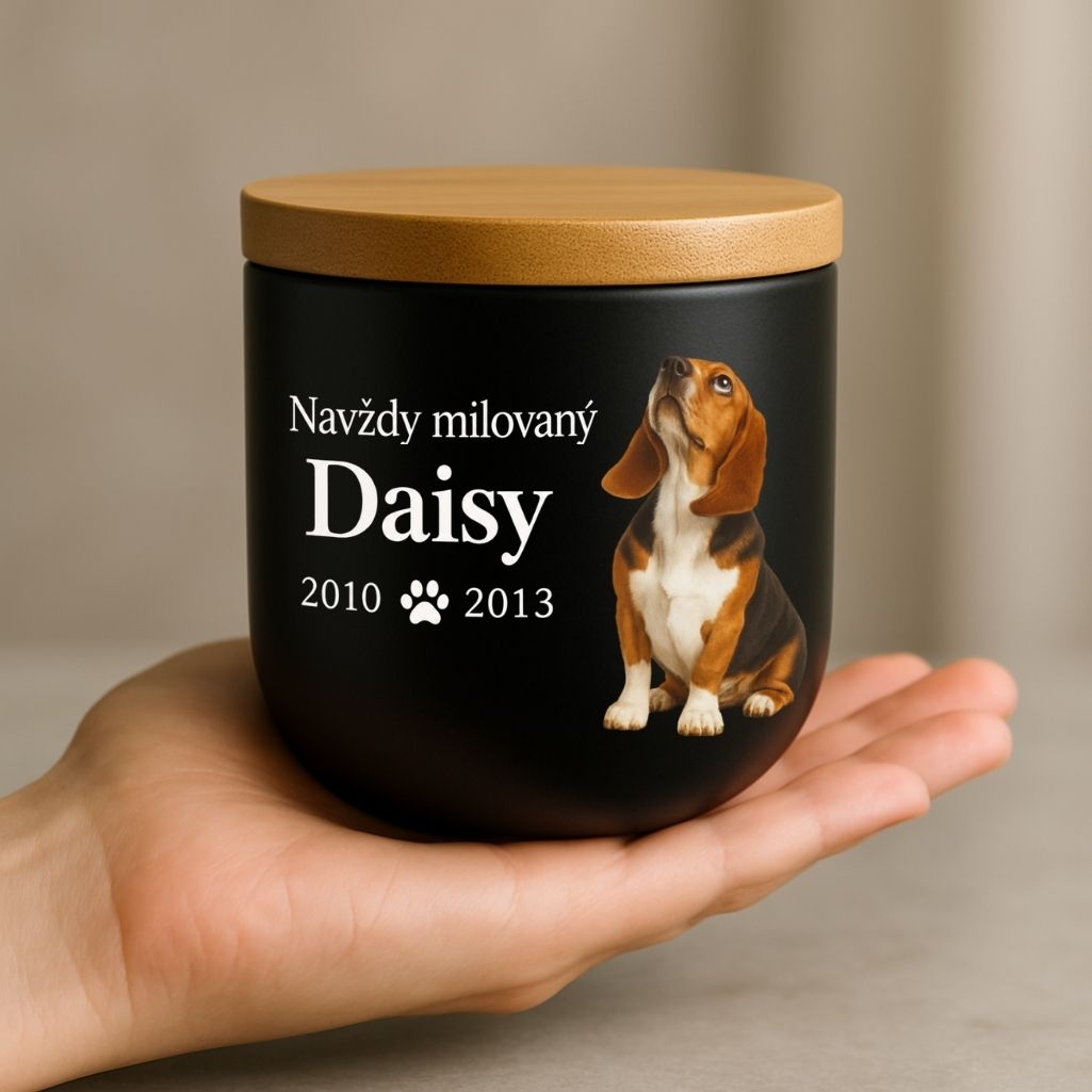 Personalizovaná keramická urna pre psa so spomienkovým odkazom, celoplošnou fotografiou, menom a dátumami