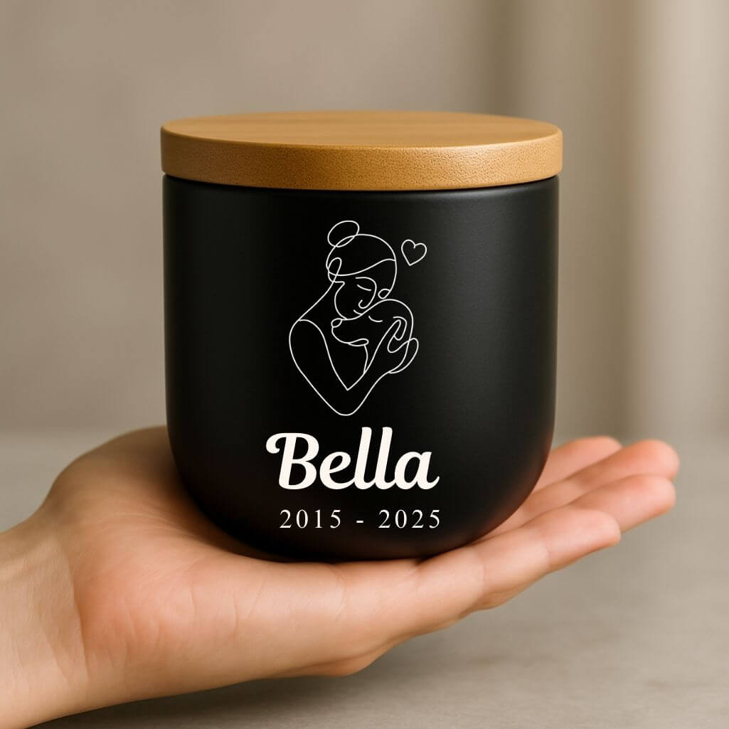 Personalised Ceramic Dog Urn with Woman & Dog Illustration –  Pet Cremation Urn for Ashes with Name & Dates