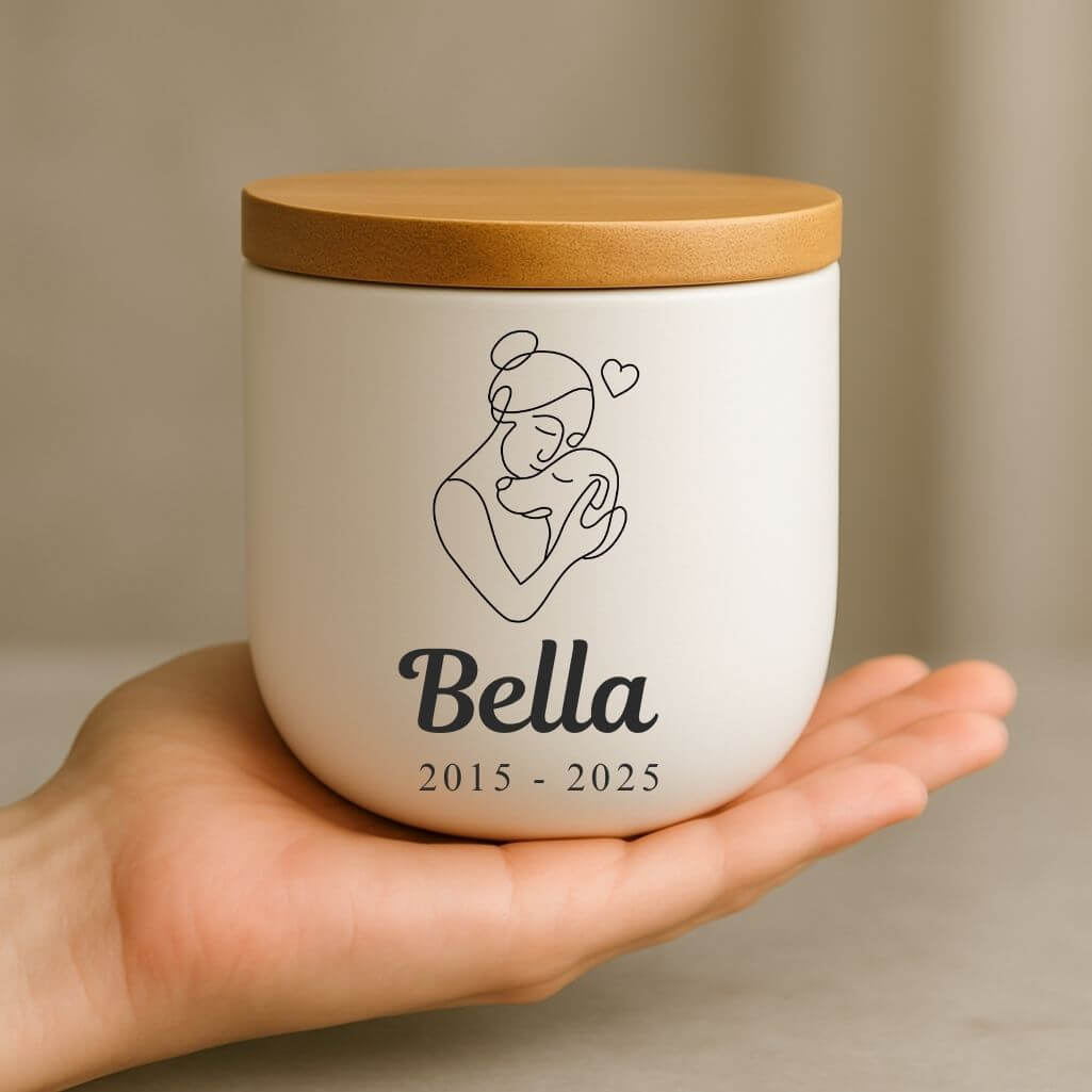 Personalised Ceramic Dog Urn with Woman & Dog Illustration –  Pet Cremation Urn for Ashes with Name & Dates