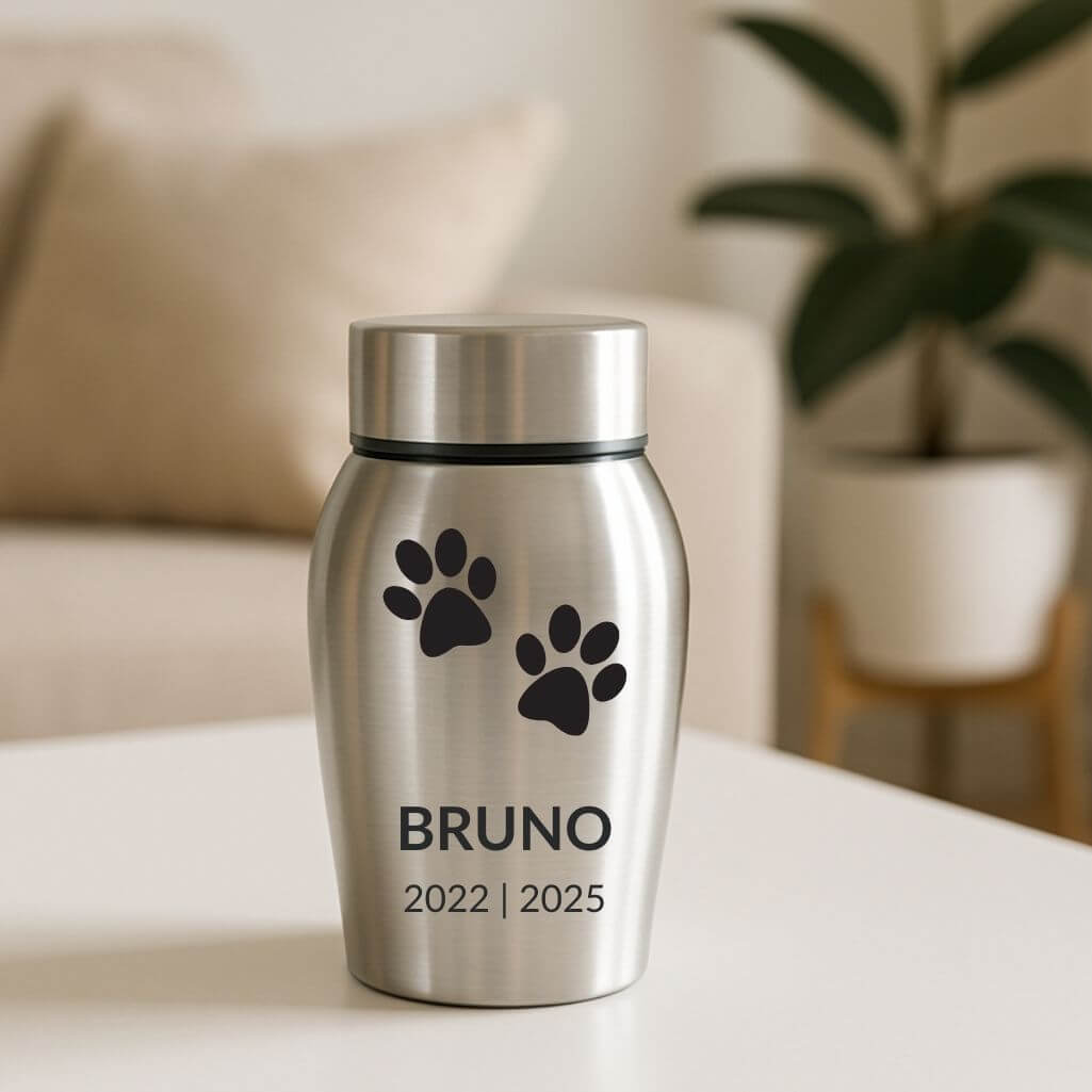 Personalised Dog Urn with Engraved Name, Dates & Paw Print Design  – Pet Memorial Stainless Steel Urn