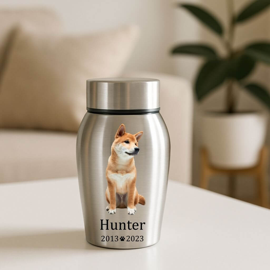 Personalised Dog Urn with Full Pet Portrait – Engraved Stainless Steel Memorial Urn with Name & Dates