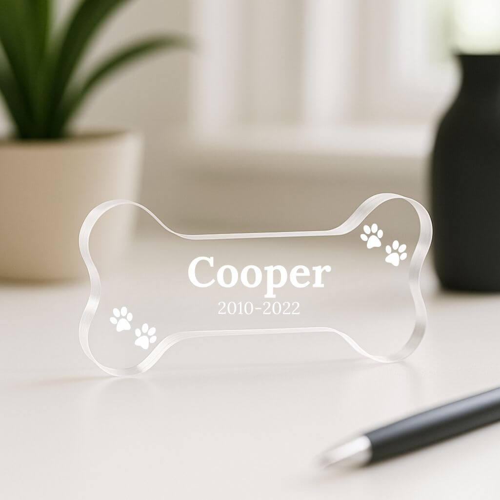 Personalised Dog Memorial Gift - Bone-Shaped Engraved Pet Memorial Acrylic Plaque with Name, Dates & Mini Paw Prints Design