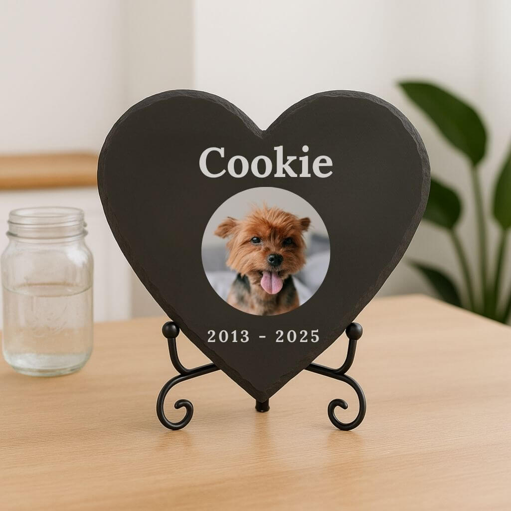 Personalised Heart Slate Dog Memorial Plaque – Pet Memorial Gift with Photo, Engraved Name & Dates