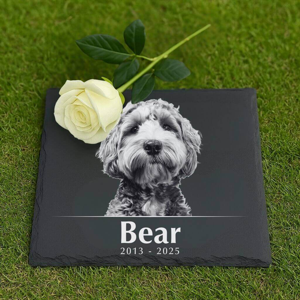 Personalised Square Dog Grave Marker with Photo – Slate Pet Memorial Garden Plaque with Name & Dates