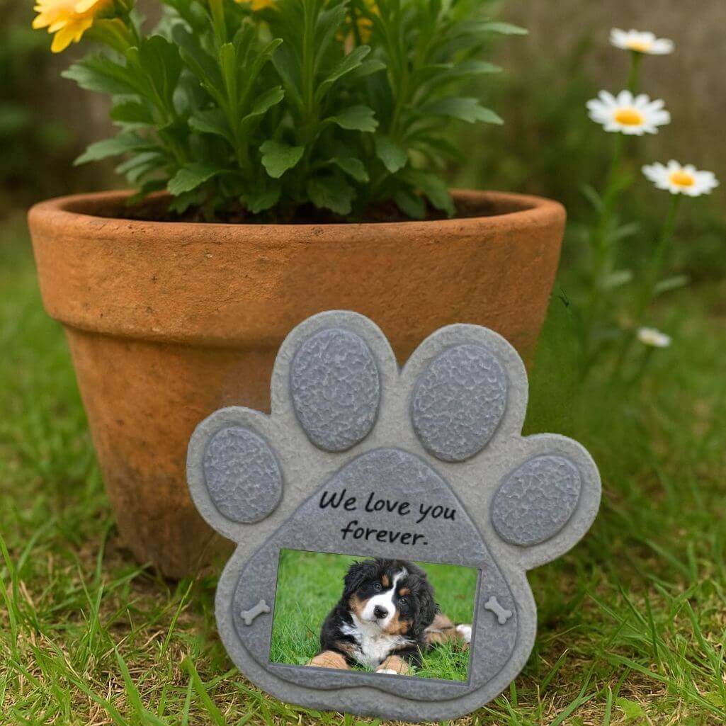 Paw-Shaped Dog Memorial Stone with Photo & Tribute – Weatherproof Resin Grave Marker for Outdoor Display