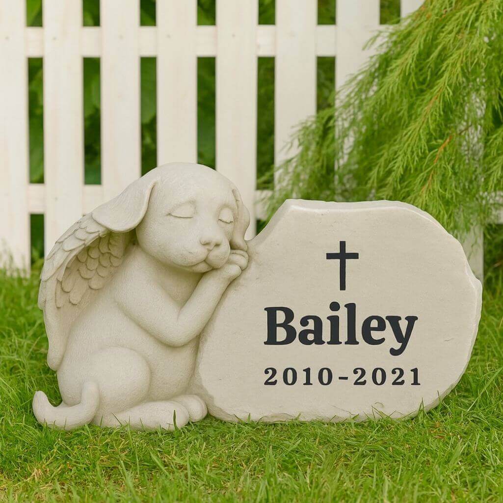 Personalised Dog Angel Memorial Headstone with Name & Dates – Weatherproof Resin Grave Marker for Garden Display